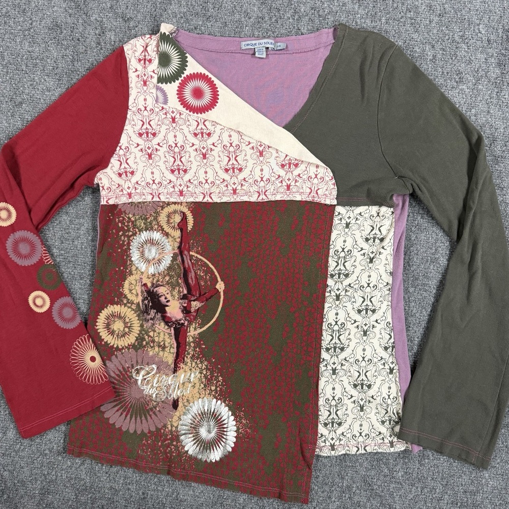 Cirque Du Soleil Shirt Womens L Patchwork Whimsical Long Sleeve Asymmetrical Y2K